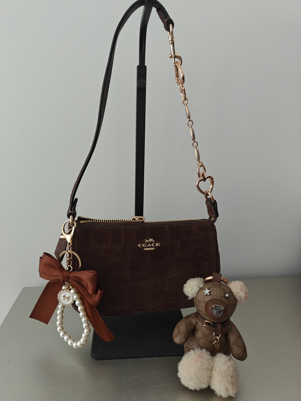 COACH Brown Suede Croc-Embossed Mini Shoulder Bag - Picture 3 of 7